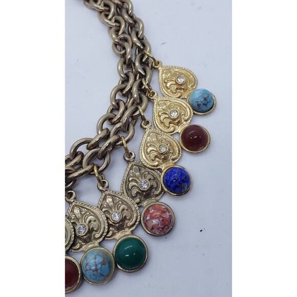 Double Chain Choker Faux Gem Rhinestones Dangle Charms Chunky 10k Gold Plated - Picture 7 of 11